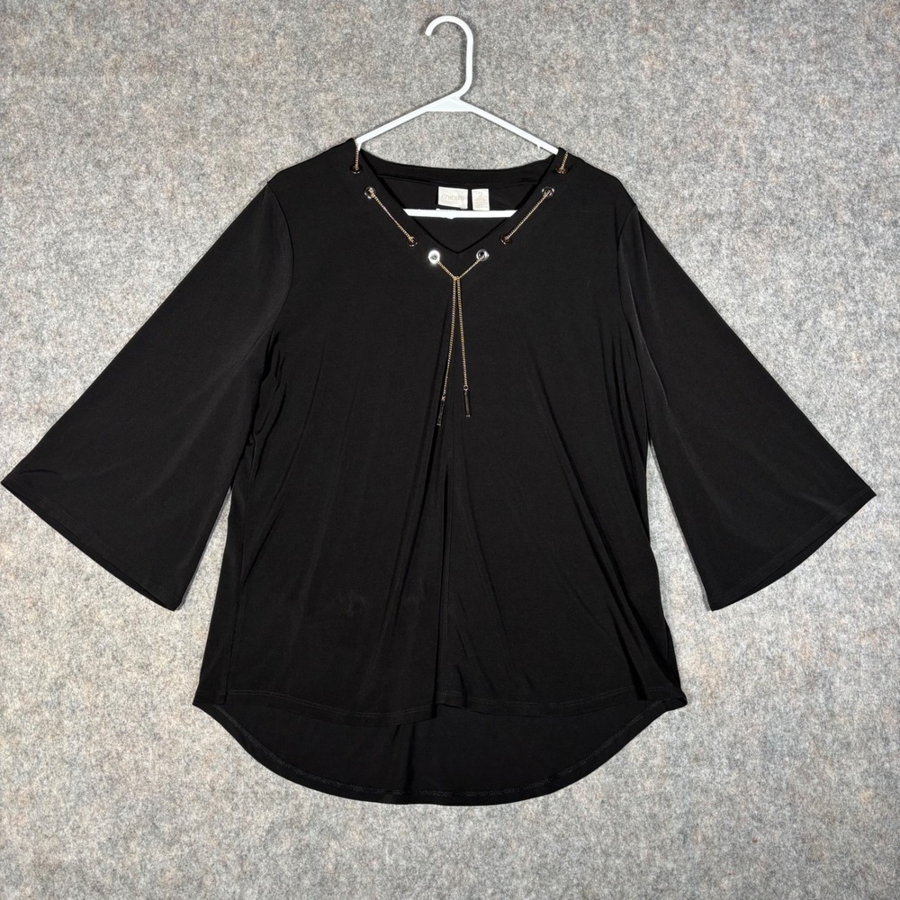 Chico's Blouse Womens 2 Black Chain Detail Bell Sleeve High Low Top MARKS READ